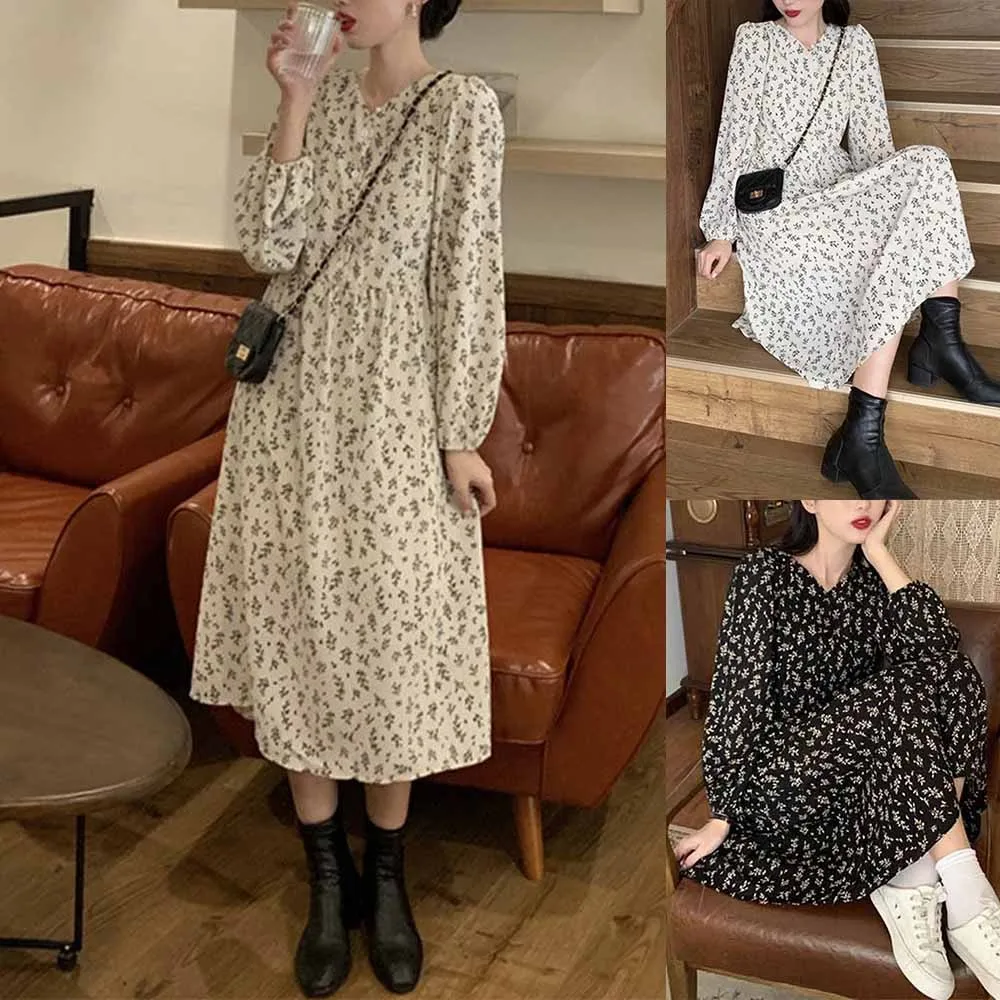 

2021 Hot AutumnWomen Long Sleeve Floral Dress Cross V Neck Wood Ears Bodycon Leisure High Waist Robe Femme Autumn Retro