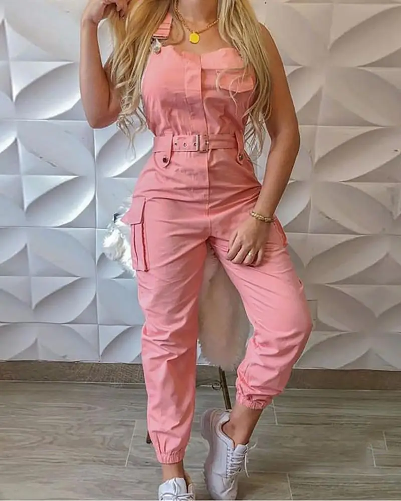 Strap Jumpsuit Women Loose Dungarees Long Rompers Summer Solid Pockets Cargo Pants Female Casual Work Out Playsuits