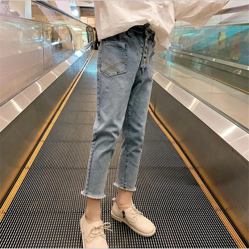 Джинсы для девочек-подростков синие брюки из денима на пуговицах с карманами