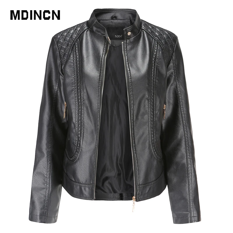 Женская кожаная куртка с воротником-стойкой однотонная верхняя одежда из