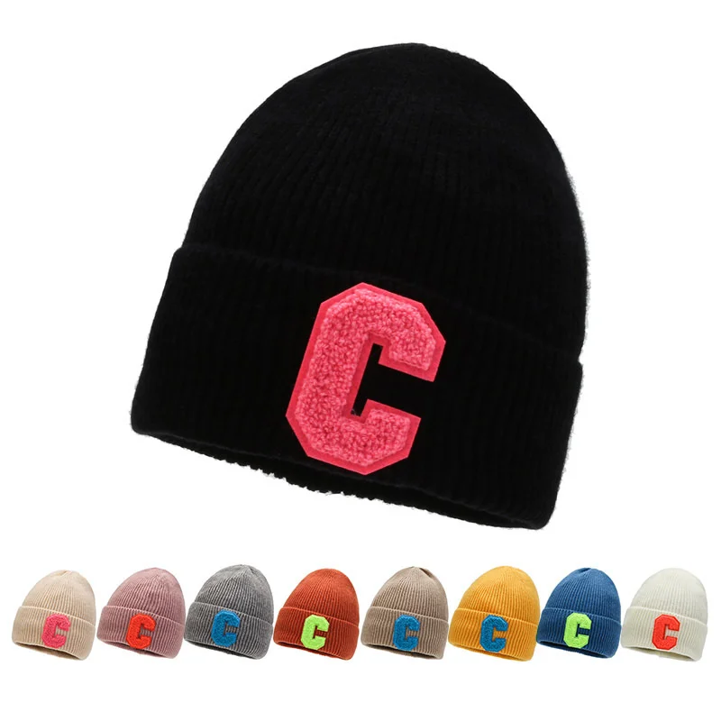 New Letter C Winter Hat For Men And Women Solid Color Knitted Hat Mixed Colors Unisex Beanie Hat Fashion Warm Bonnet Hip Hop Cap