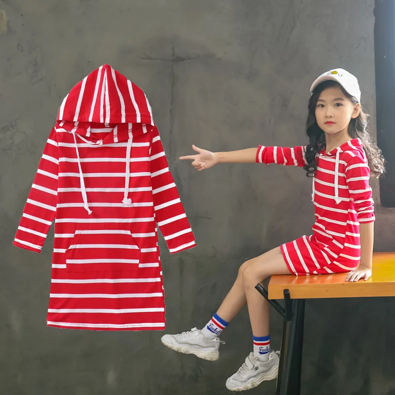 Dress for Girls Teen Strip Hoodie Cotton Korean Fall Autumn Winter Princess Long Costume 2 3 4 5 6 7 8 9 10 11 12 Year | Детская одежда