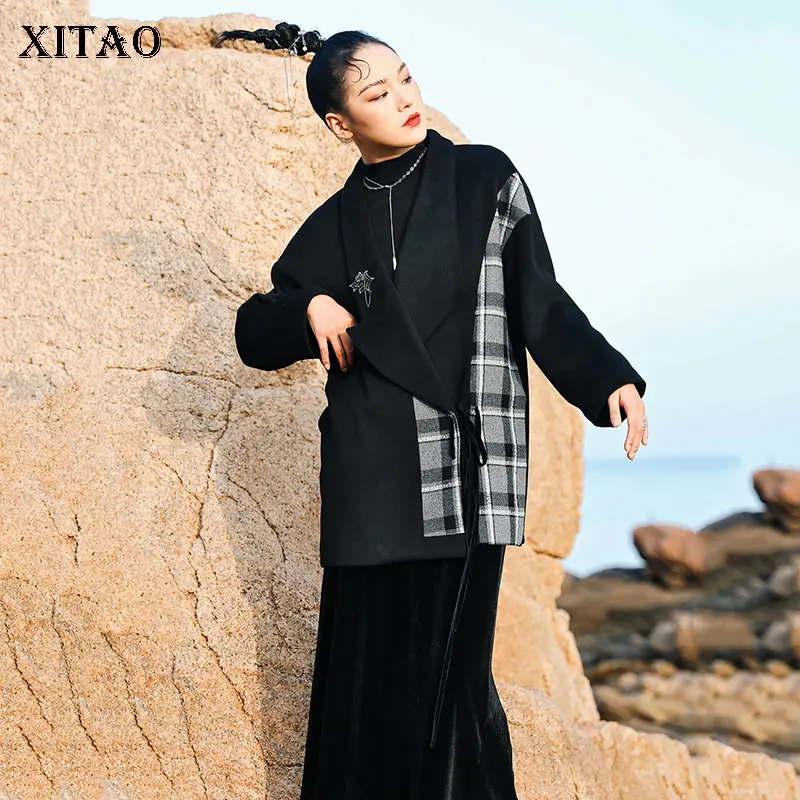 

XITAO, женское Бандажное пальто, осенне-зимнее, новое, в клетку, ассиметричное, лоскутное пальто, свободное, большие размеры, для женщин, подход...