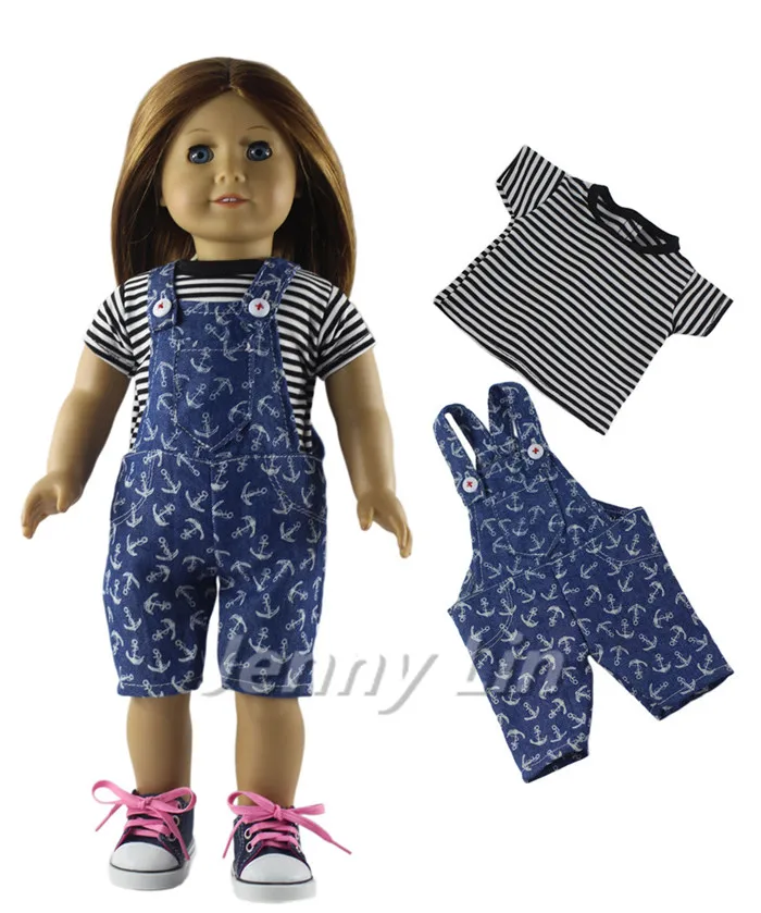 Кукольная одежда модного стиля топ + джинсовые подтяжки для американских кукол 18