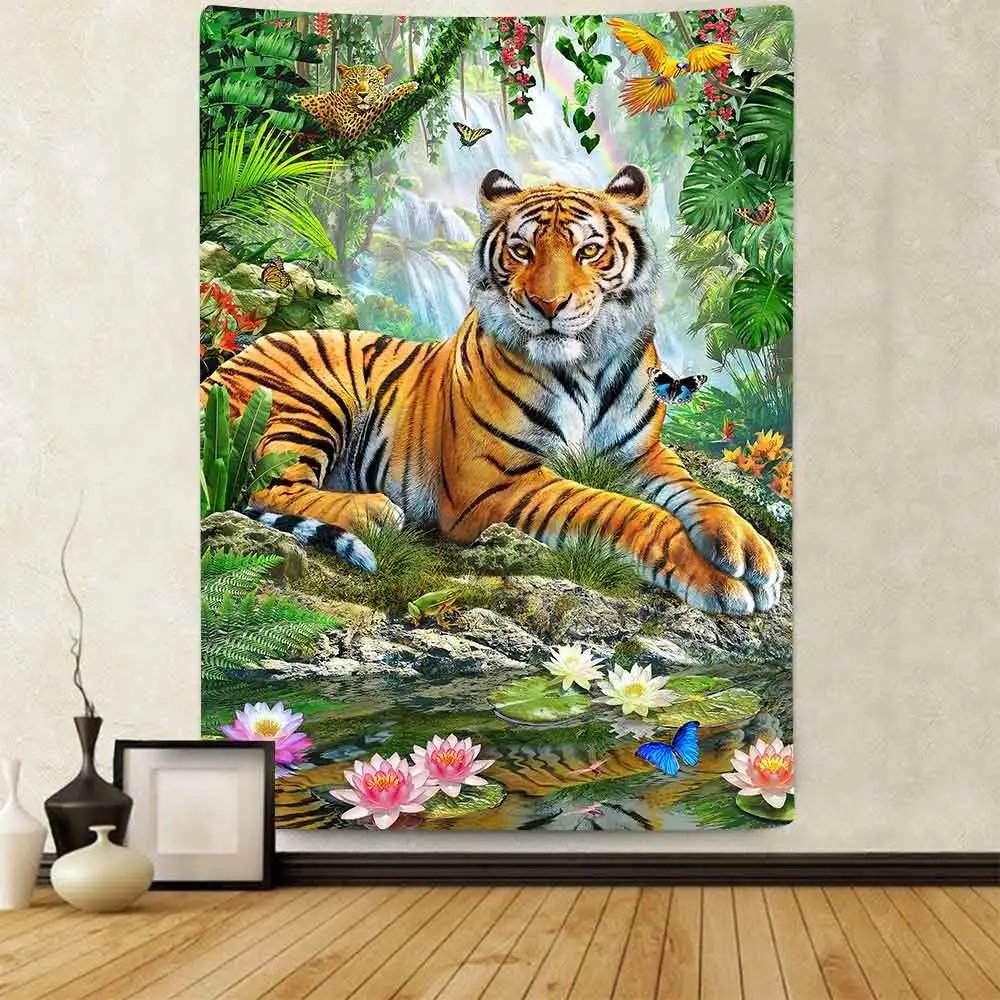 

King of The Forest Tiger Tapestry Forest Wild Animal Art Wall Hanging Tapestries for Living Room Home Blanket Dorm Decor