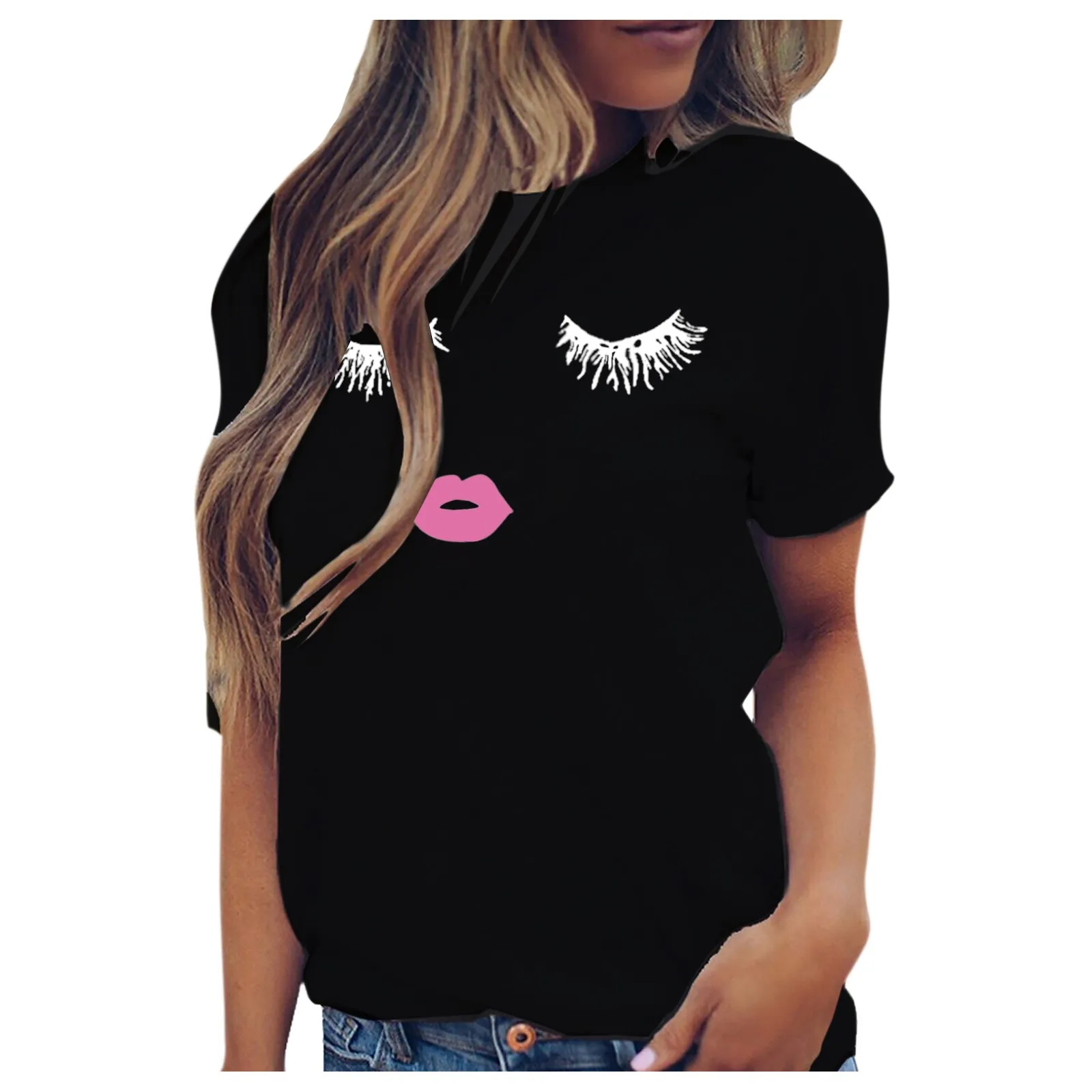 

Ladies casual fun eyelash expression printing short sleeve vest T-shirt