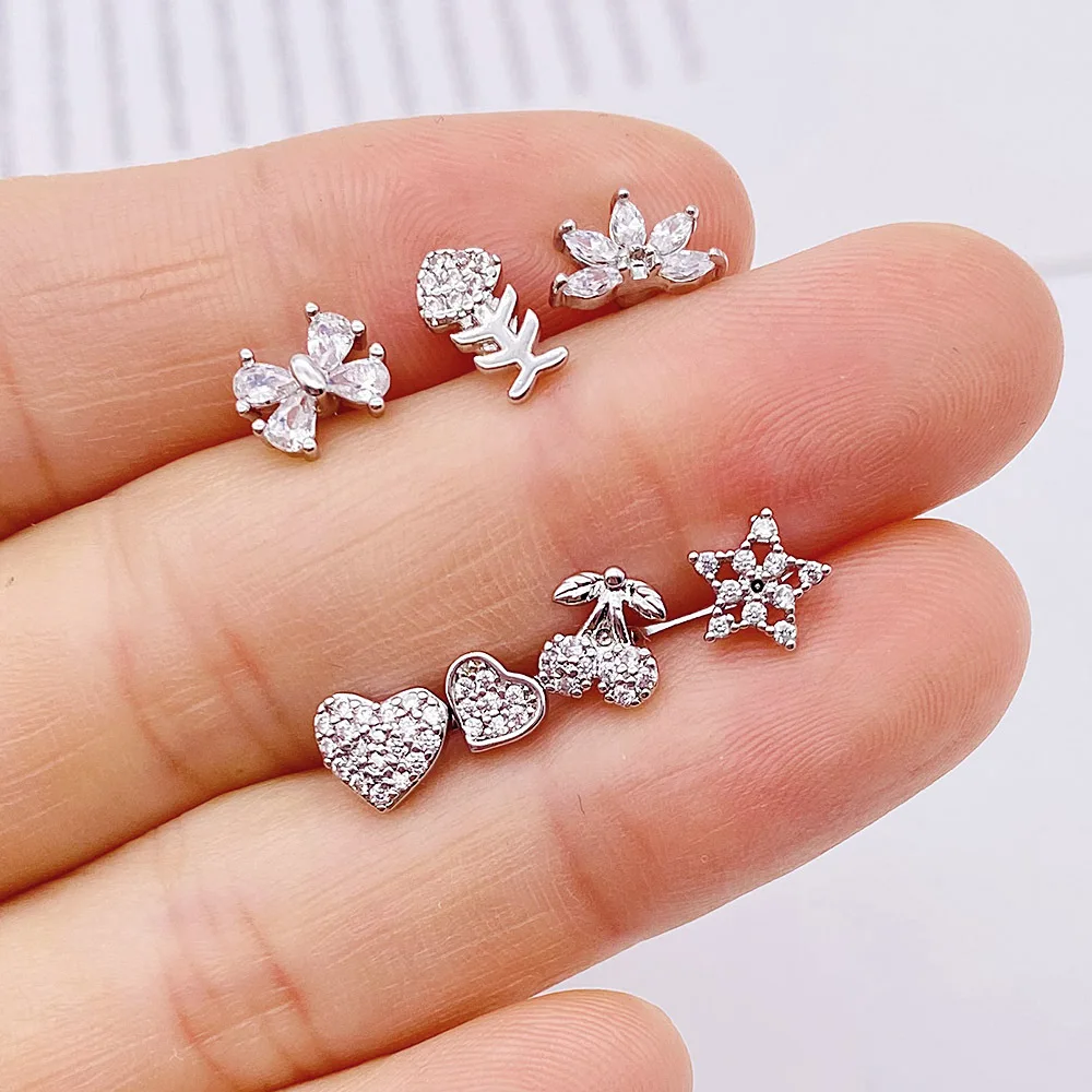 

1Piece Korean Fashion Cz Ear Studs Cartilage Earring Star Cherry Stainless Steel Zircon Small Stud Earrings Ear Piercing Jewelry