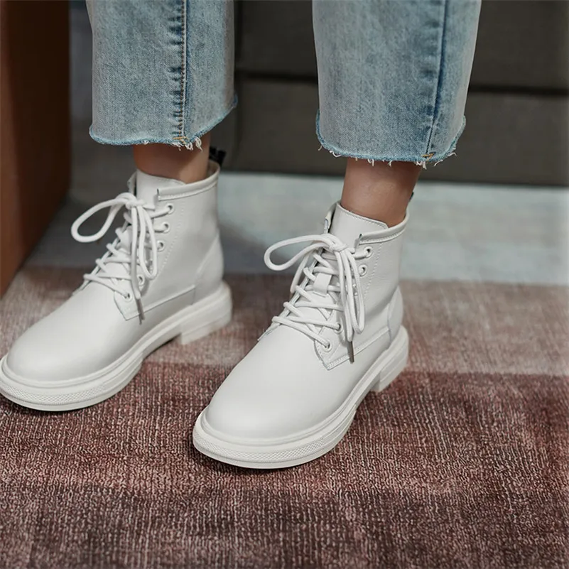 

Meotina Ankle Boots Women Shoes Genuine Leather Flat Platform Short Boots Lace Up Female Footwear Autumn Winter Beige Size 40