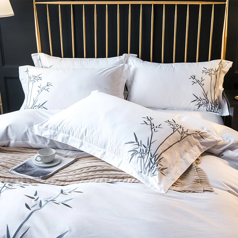 

Bamboo Leaves Chic Embroidered Duvet Cover Set White Egyptian Cotton 4Pieces Bedding Bed Sheet set 2Pillow shams Queen King size