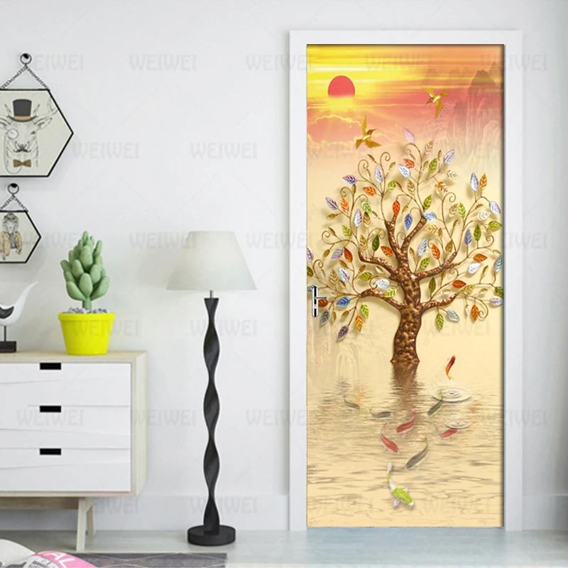 

Door Sticker Sunrise Golden Rich Tree Living Room Bedroom Door Wallpaper PVC Self Adhesive Wall Decals Imitation 3D Wall Sticker
