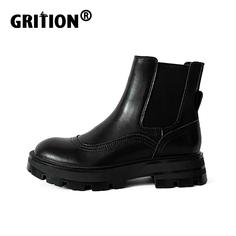 

GRITION Women Boots Platform Shoes Elastic Band Waterproof Short Boots British Style Rubber Non Slip Sole Cowhide Shoes 2021 New