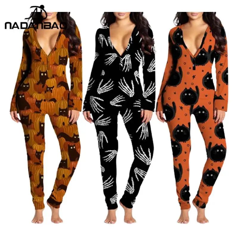 

NADANBAO New Halloween One-piece Costumes with Button Flap Witner Autumn Long Sleepwear Cat Skeleton Finger Printed Jumpsuir