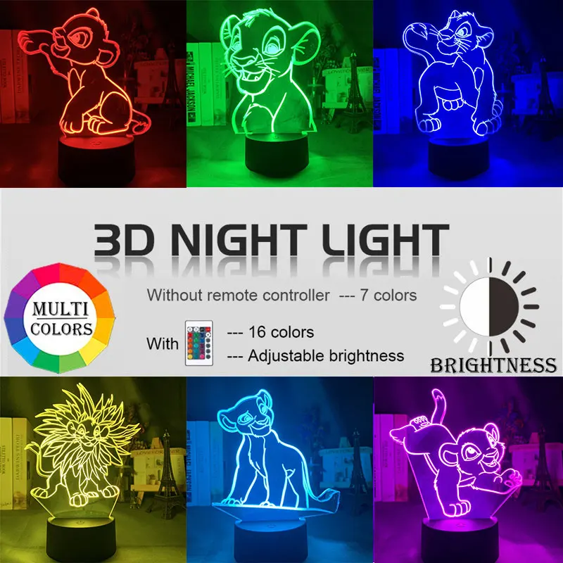 Мультфильм ночник Король Лев Simba светодиодный 3d свет изменение цвета Новинка
