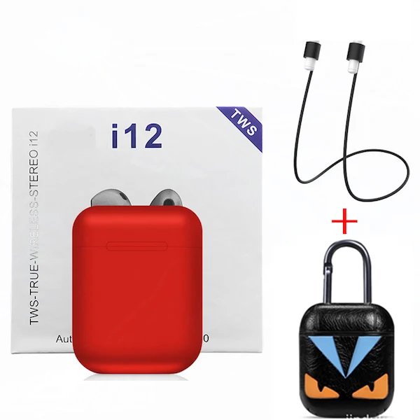 Red - Leather case I12 TWS, оригинальные беспроводные Bluetooth наушники, беспроводные, авто сопряжение, спортивные наушники с наушниками, аксессуары для i7s i10 TWS - Цвет: Red - Leather case