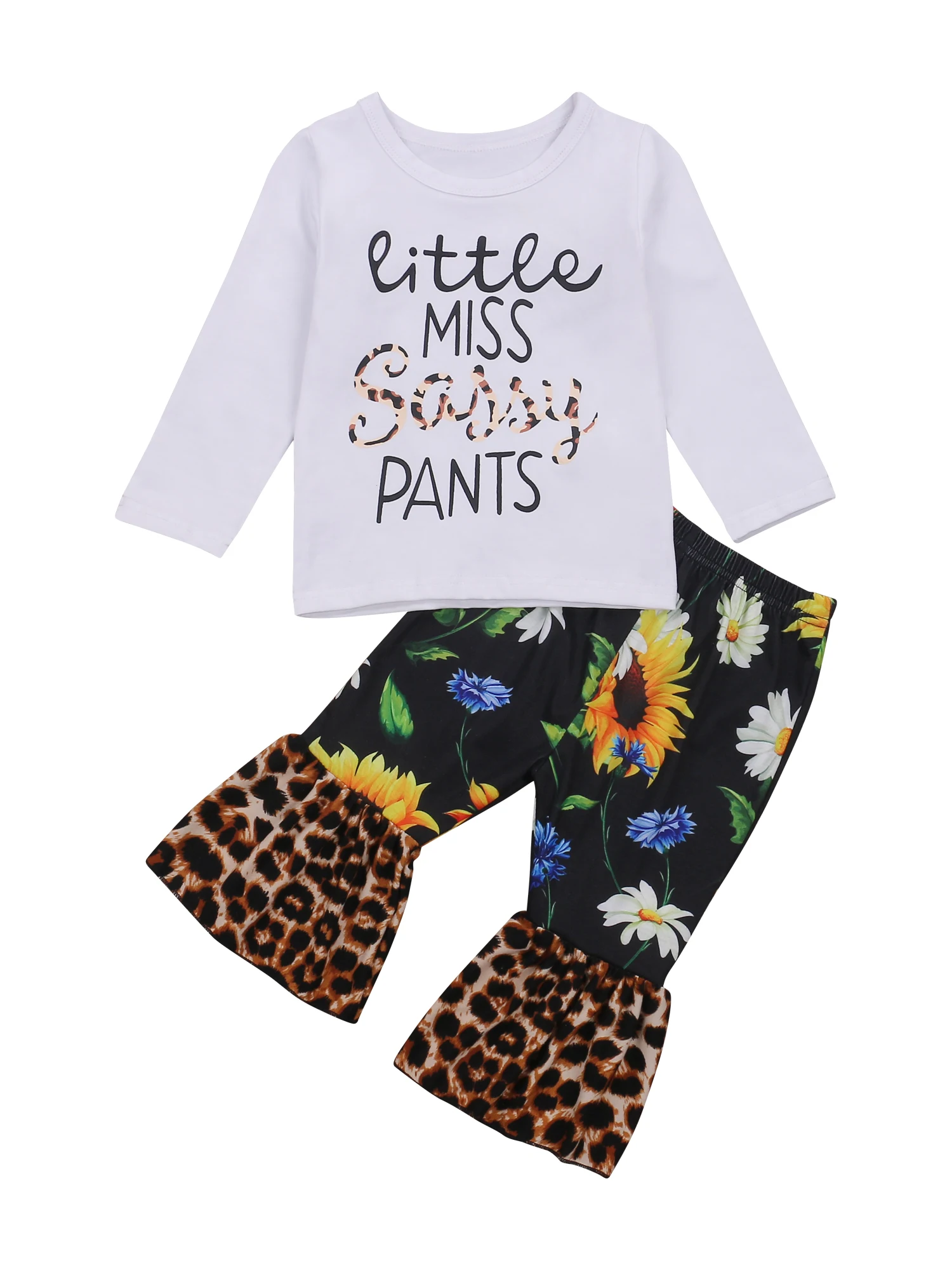 

Flowery Baby's Leopard Printed Suit, Long Sleeve Round Neck Lettering Top Elastic Head High Waist Bell-bottom Trousers