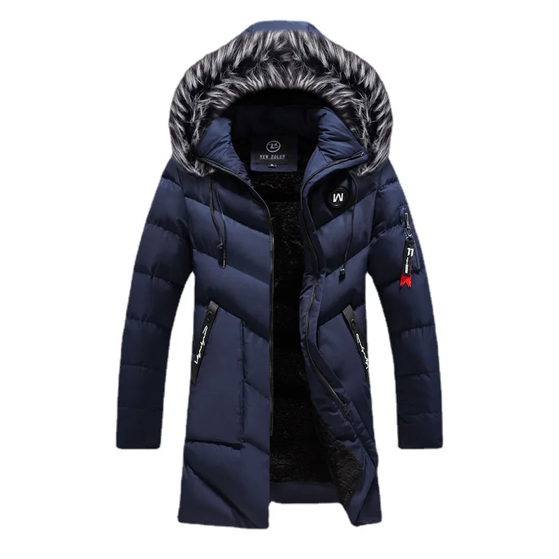 Winter Men Long Jackets New Thicken Warm Fur Collar Loose Cotton Padded Coats Male Casual Solid Windproof Hooden Fleece Parkas