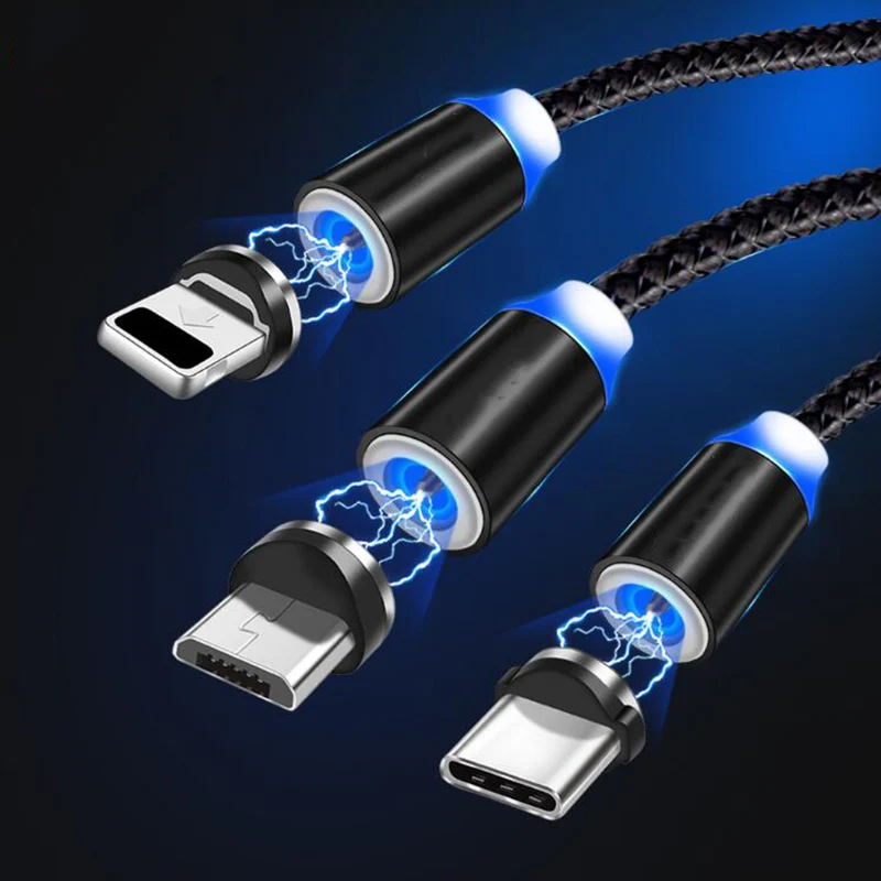 1 м светодиодный магнитный кабель и Micro USB кабель и usb type-C кабель Android нейлоновая оплетка type-C Магнитный зарядный кабель для iPhone 8 Xs Max