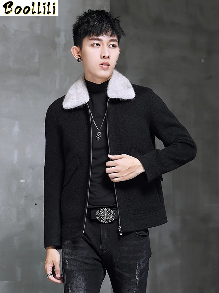 

Autumn Boollili Spring Wool Coat Men Double-sided Alpaca Jacket Mink Fur Collar Mens Coats and Jackets Overcoat