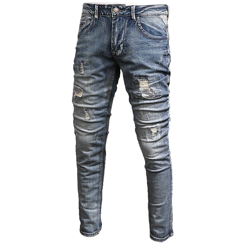 European American Vintage Fashion Men Jeans Retro Blue Elastic Slim Fit Ripped Jeans Men Distressed Designer Denim Pencil Pants