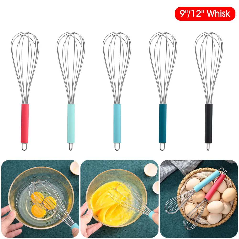 

Kitchen Egg Tools 9"/12" Stainless Steel Whisk Silicone Non-Slip Grip Egg Beater Ballon Whisk Milk Cream Butter Mixer Gadget