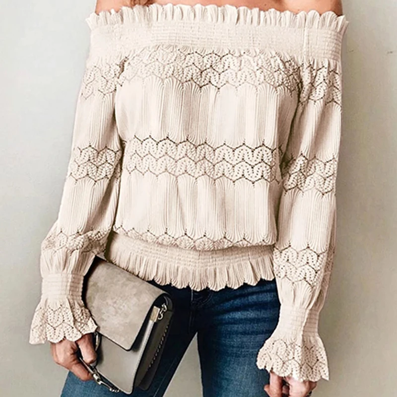 Fashion spring lace blouses women slim slash neck shirt sexy long sleeve work office tops Off Shoulder new summer female clothes |