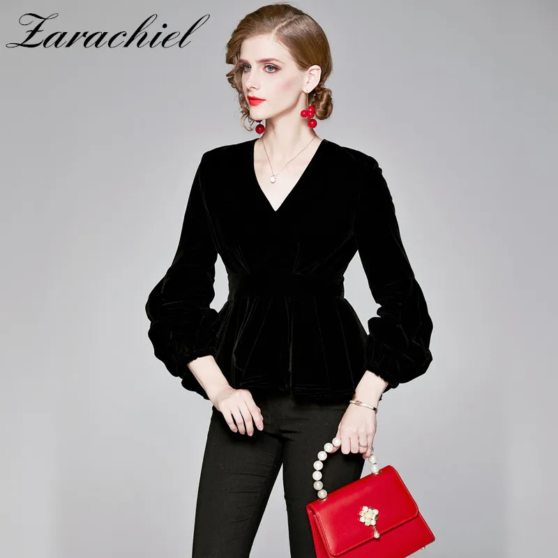 Женские осень зима черный бархат рубашки в винтажном стиле с v образным вырезом и
