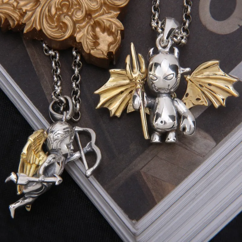 

BOCAI New Real Solid s925 silver jewelry angel and demon pendants for men and women love cupid and little ghost couple pendant