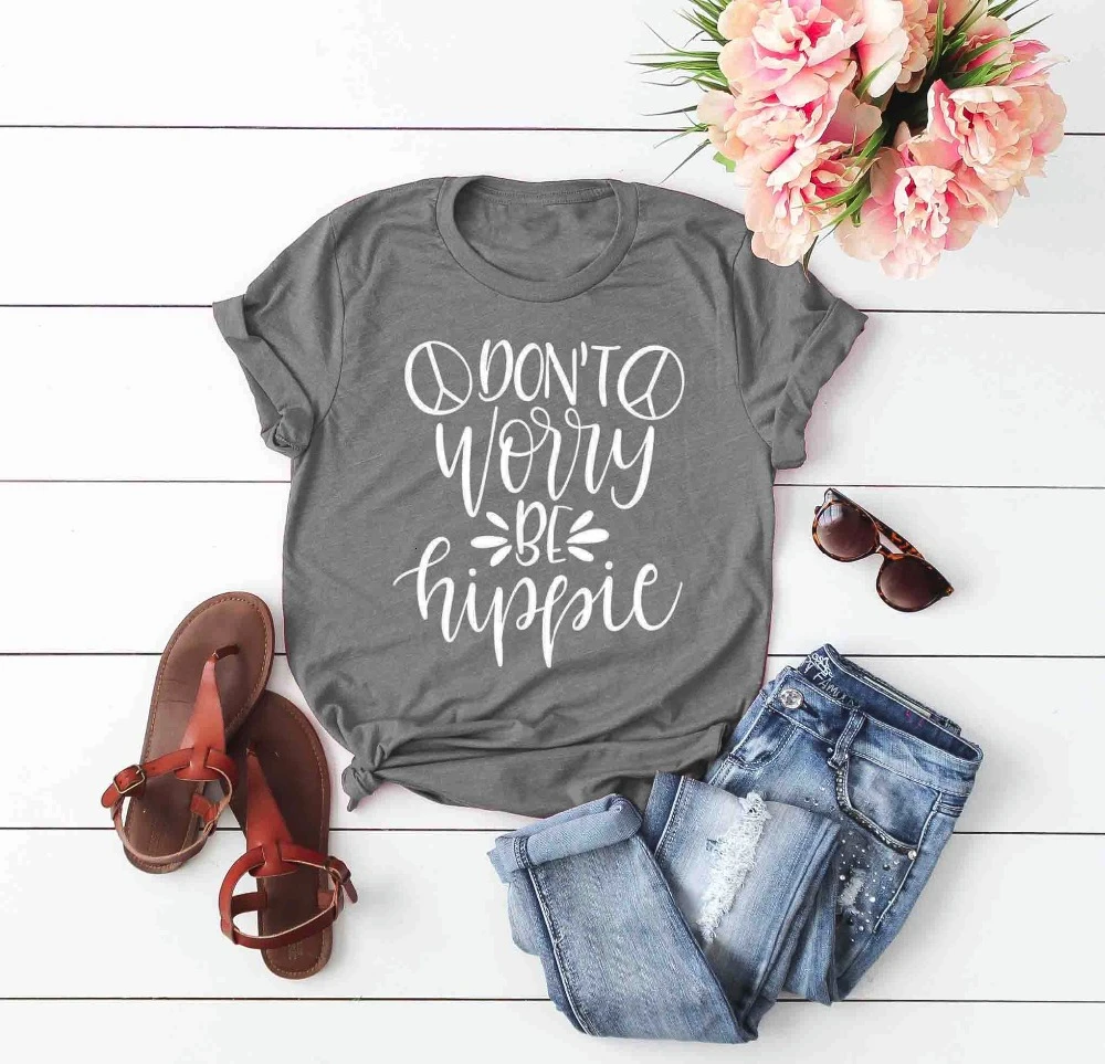 

Don't Worry be Hippie Unisex Shirt Heather Raspberry T-shirt Graphic aesthetic Camping Shirt Womens women goth tees tops- L052