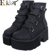 2021 eokkar new black thick heels boots for women round toe wedges heels ladies ankle boots buckle platform high heels boots