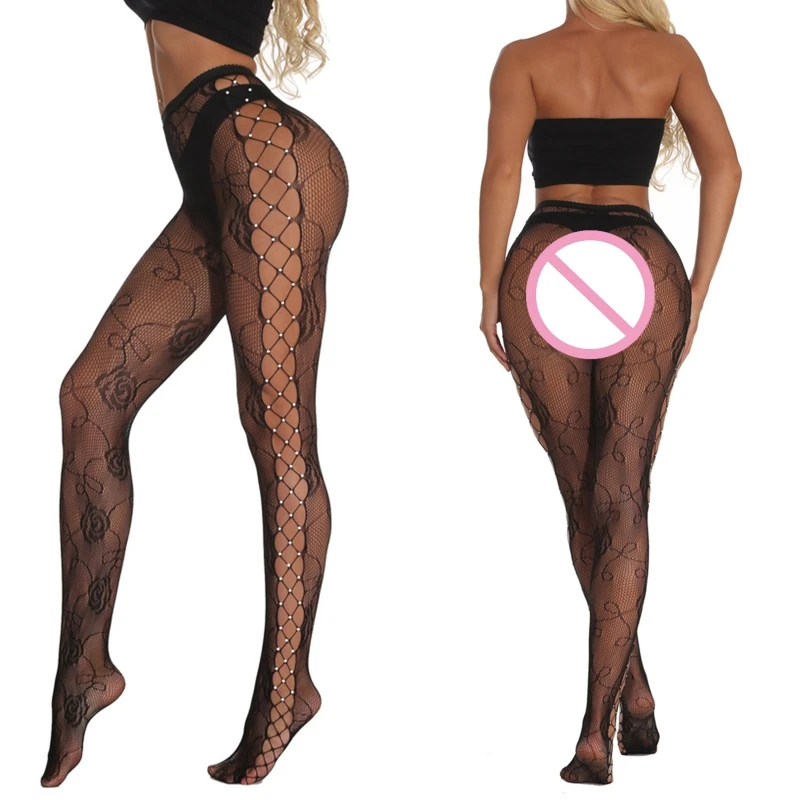 

Women Erotic High Waist Fishnet Pantyhose Rose Floral Jacquard Hollow Out Tights Crisscross Shiny Rhinestone Stockings