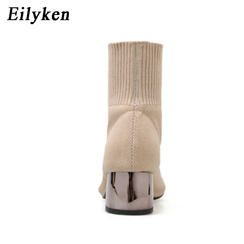EilyKen/Коллекция года; сезон осень-зима; вязаные носки из эластичной ткани; женские ботинки; короткие ботинки на низком каблуке; цвет серый; женские ботильоны с острым носком