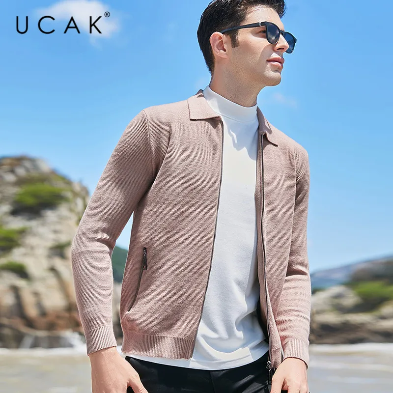 UCAK Brand Solid Color Casual Cardigans Men Clothes Autumn Winter New Arrival Classic Zipper Striped Sweatercoat outwear U1035