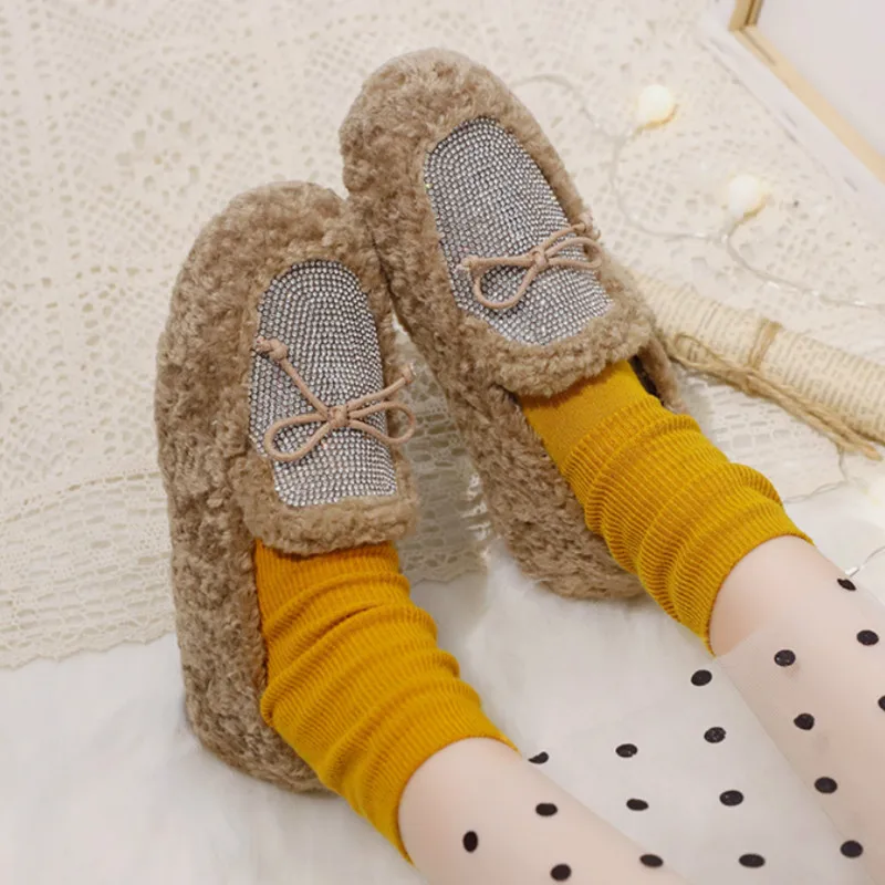 Женские зимние лоферы женская обувь с мехом Балетки круглым носком мягкие