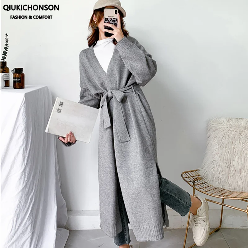 Low High Design Sweater Cardigan Women Jag Winter Coat Batwing Sleeve Knitted Long Cardigan Thick Overize Sweaters With Belt