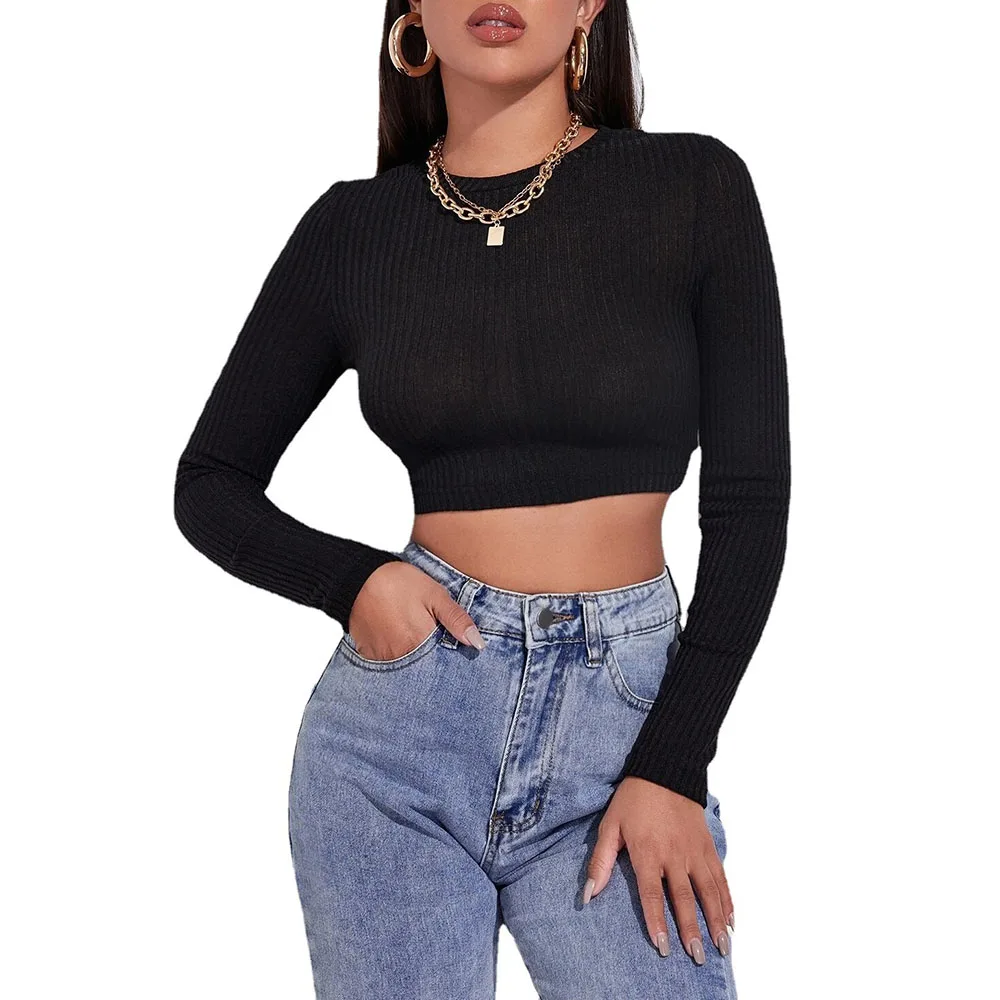 

Autumn 2021 Women's Fashion Sexy Hollow Out Navel Long Sleeve Slim Round Neck Sweater High Street Casual Simplicity