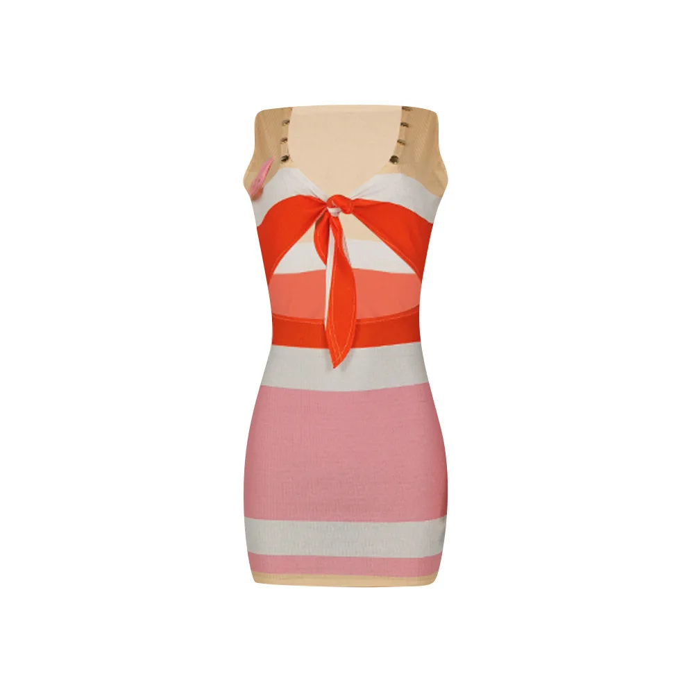 

Sexy Striped Print Mini Dress Tie Chest Hollow Out Robe Femme V Neck Sleeveless Vestido Women Club Party Bandage Push Up Outfits