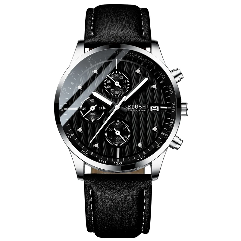silver black Leather Мужские s часы Топ люксовый бренд мужские s наручные часы модные кварцевые часы мужские спортивные водонепроницаемые часы мужские хронограф часы - Цвет: silver black Leather