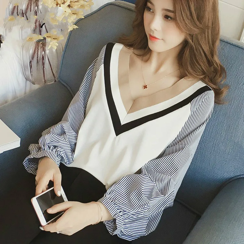 

Новое поступление Осенняя блузка женская рубашка в полоску Женская рубашка с рукавами-фонариками Женская Повседневная рубашка Топы