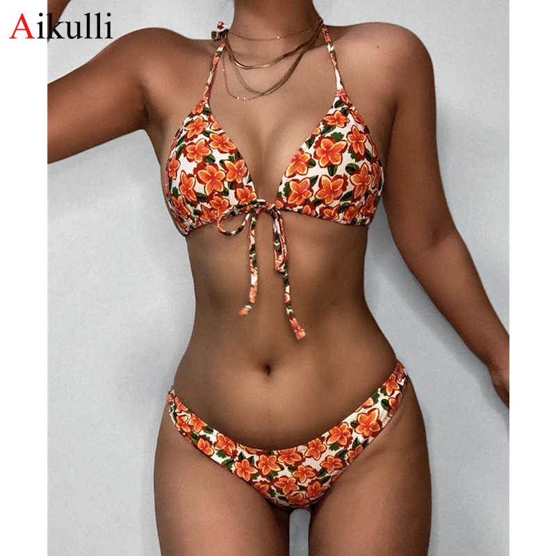 

Купальник-бикини женский, с цветочным принтом, на бретелях, с открытой спиной