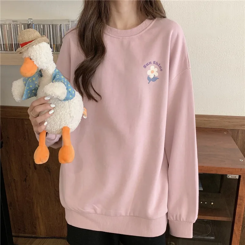 

Hoodies Women Japanese Simple Retro Ulzzang Long Sleeves Printed Sweet Girls Candy Colors Cute Leisure Popular Autumn Loose Chic