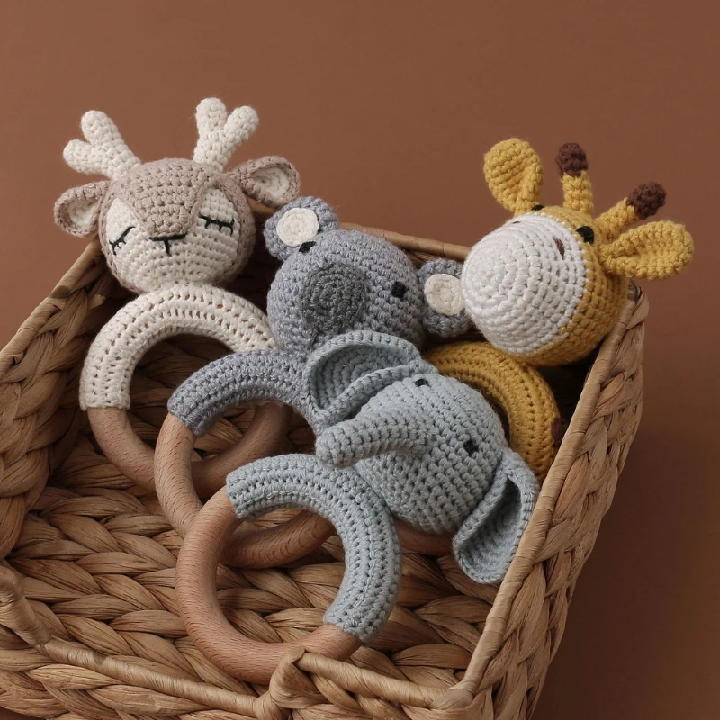 

Wooden Crochet Bunny Rattle Toy BPA Free Wood Ring Baby Teether Rodent Baby Gym Mobile Rattles Newborn Educational Toys1pc