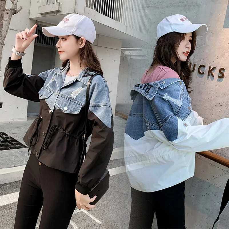 Женская джинсовая куртка на шнурке свободная с вышивкой и дырками новинка весны