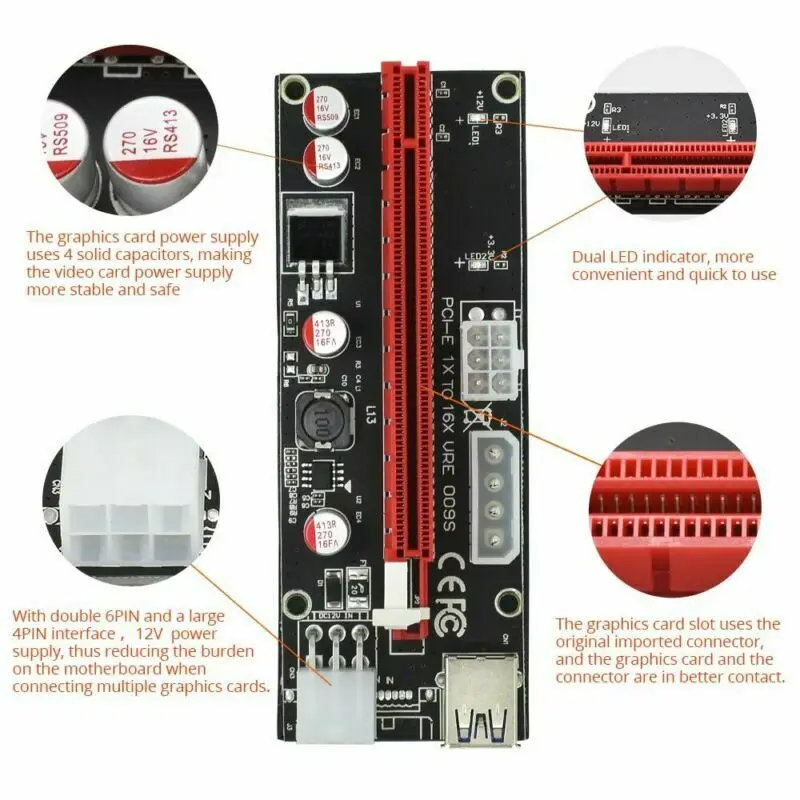 Ver009S Pci Express Riser Card M2 1X 16X Dual 6Pin 4Pin Power Pci-E Exte кабель |