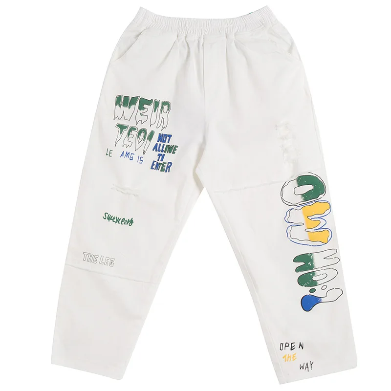 

2021 New Black Denim Trousers Ankle Length Fashion Girls Street Bottom Print Letters Embroidery White Women Jean Harem Pants