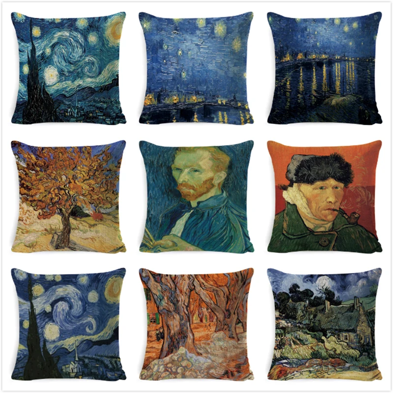 

Van Gogh Oil Painting Cushion Cover Sofa Home Decorative Pillow Case Sunflower Self-portrait Starry Sky Print Pillowcase cojines