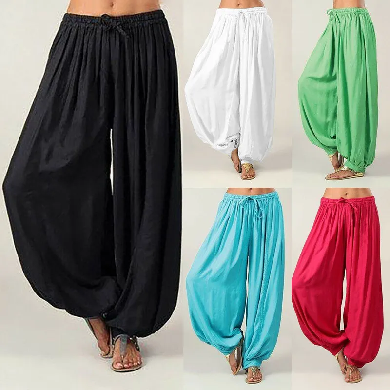 

Women Cotton Casual Trousers Aladdin Solid Elastic Afghan Genie Hippy Loose Dance Pants Fashion Lady Plus Size 3XL