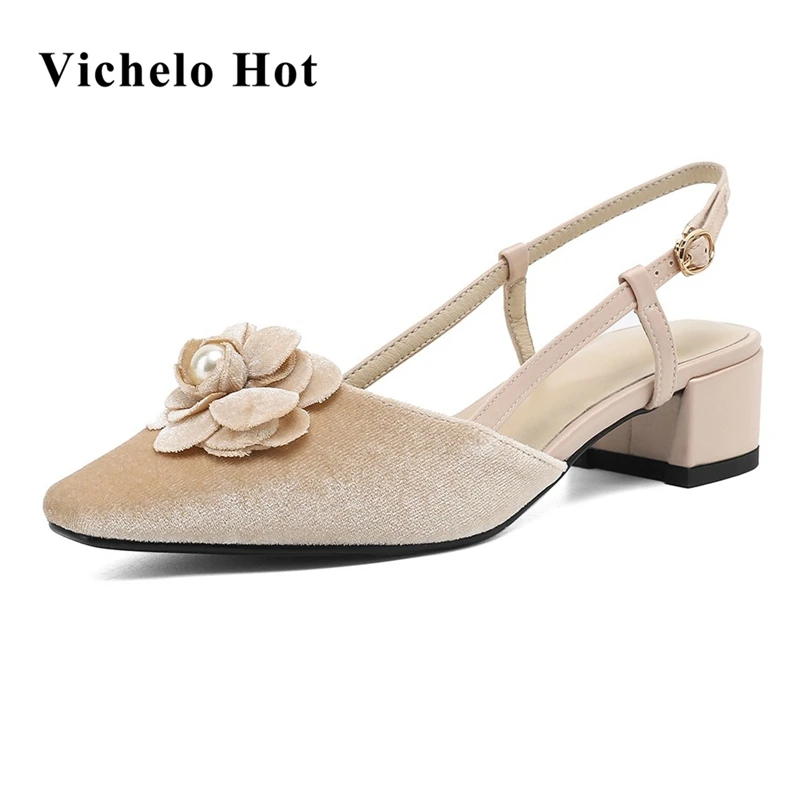 

Vichelo Hot velvet shoes natural leather dating square toe thick med heels summer sweety flowers applique elegant sandals L52