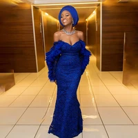 off the shoulder long sleeve royal blue aso ebi traditional african evening dresses lace and tulle 2020 prom dress party gowns