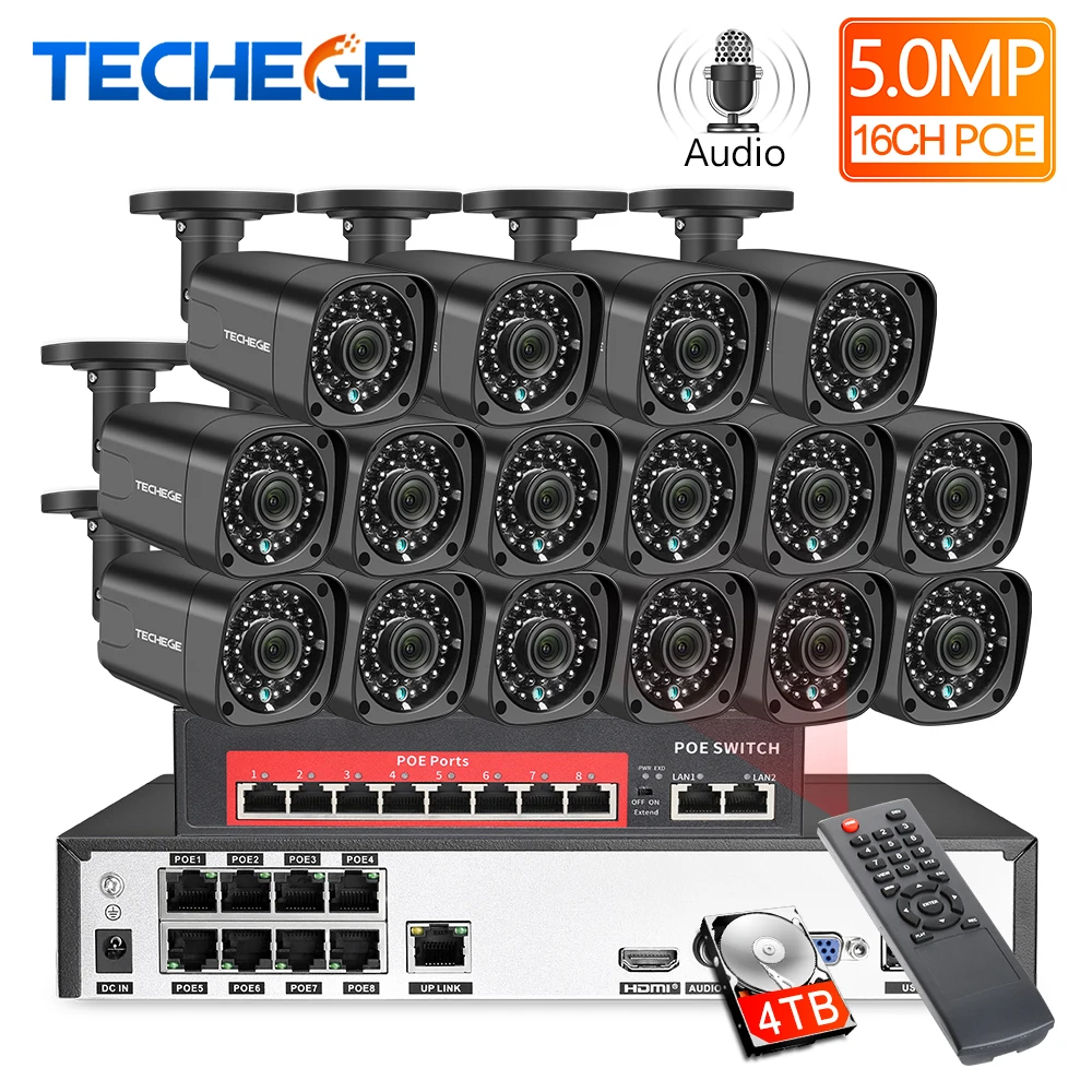 Techege 16CH 5MP аудио запись POE камера безопасности CCTV система 2592x1944 NVR Открытый
