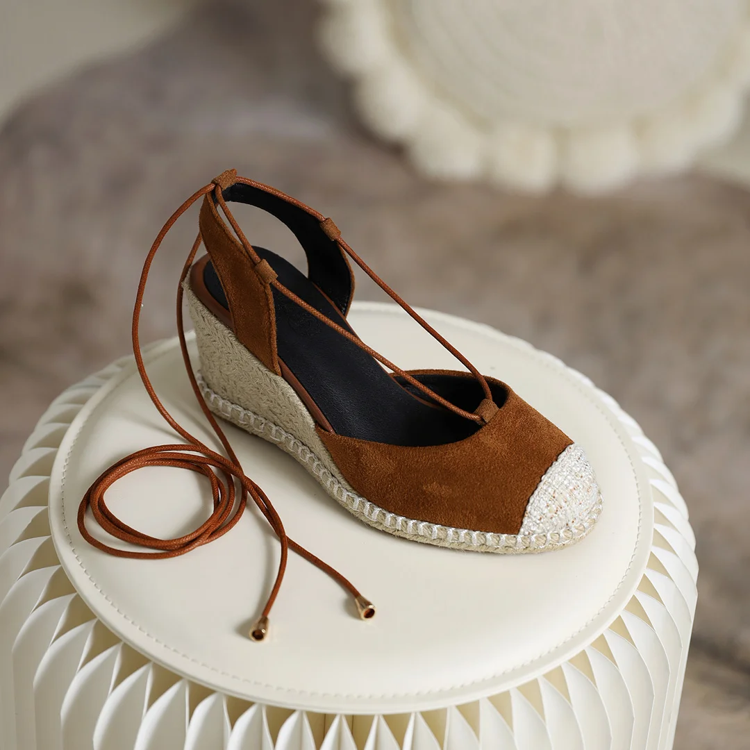 

Roman Style Ankle Strap Woven Wedge Platform Platform Shoes Flock Stitching Tweed Cloth Hand Stitched Sole Fashion Pumps